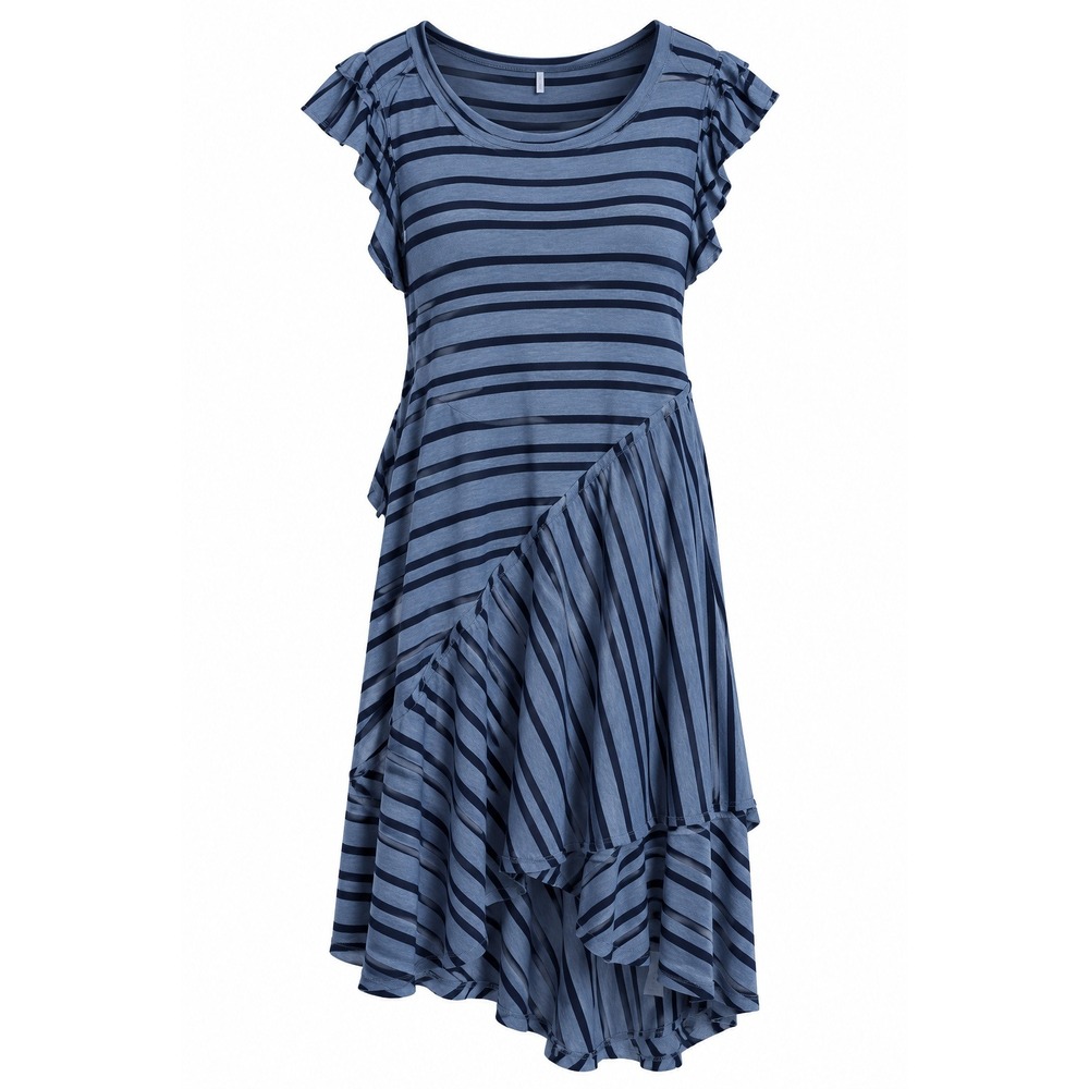 Free People Striped Asymmetrical Ruffle Midi Dress Blue XL Viscose Linen Boho